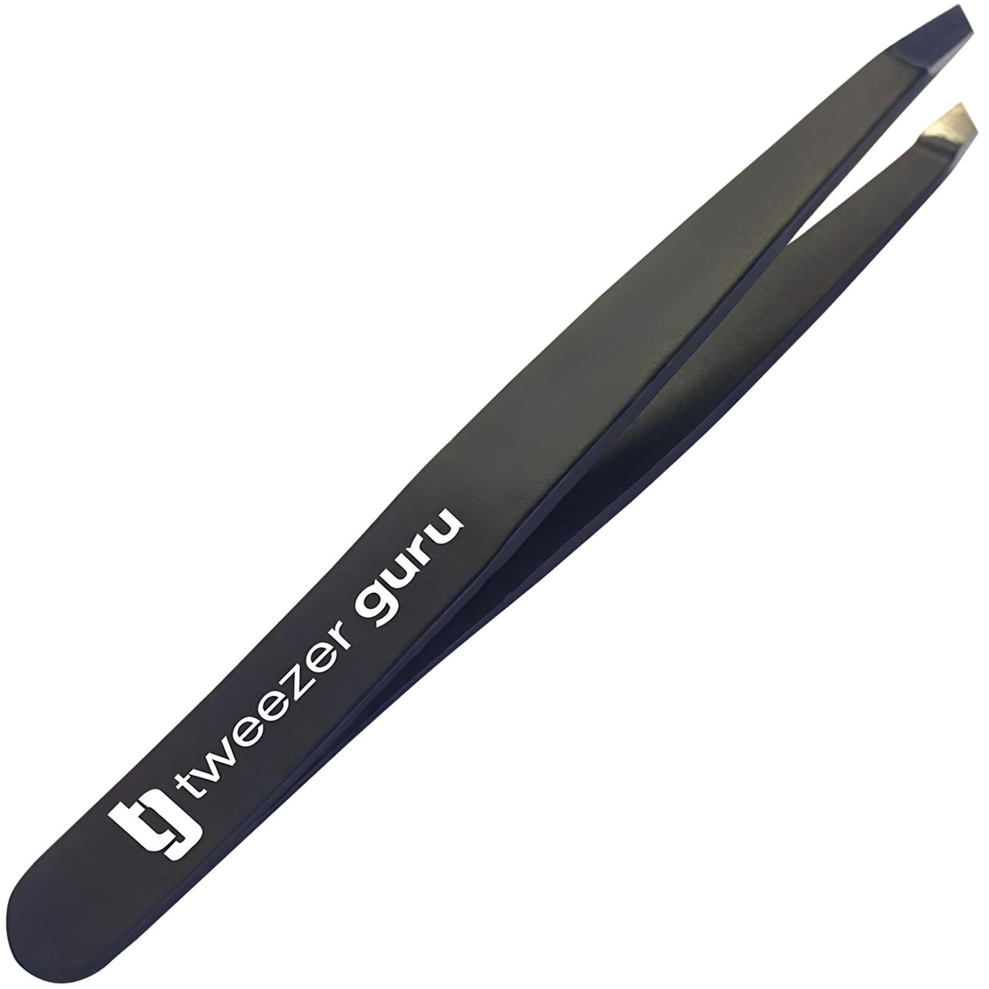 Tweezer Guru black tweezers closeup showing precise alignment for delicate grooming