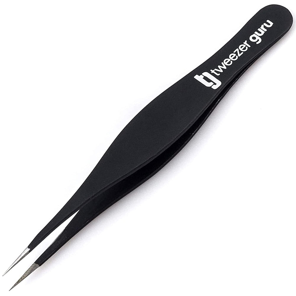 Tweezer Guru pointed tweezers with needle-nose tip for precise brow grooming.