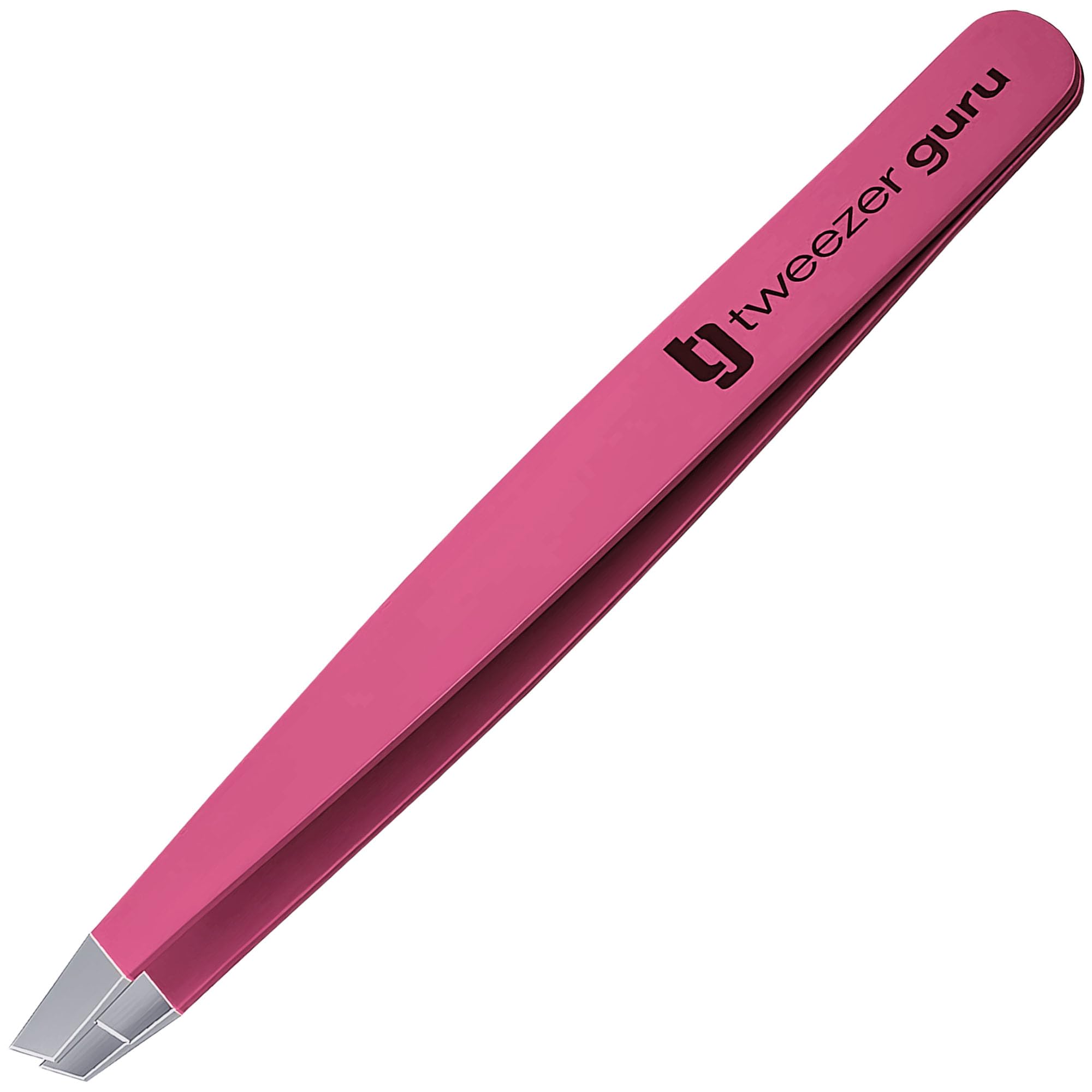 Tweezer Guru slant pointed tweezers for eyebrows in pink, precise plucking for clean arches.
