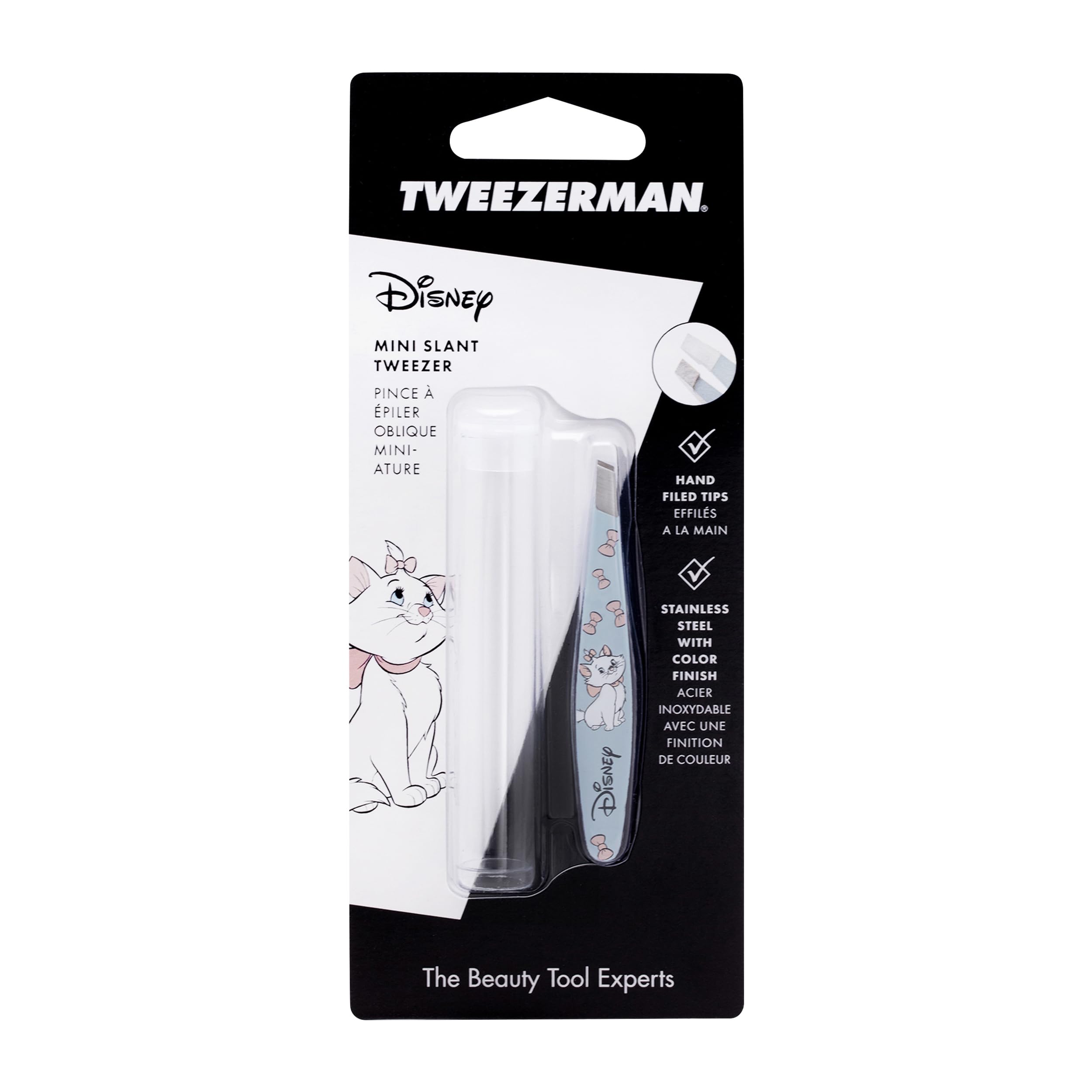 Tweezerman Aristocats mini slant tweezer precision tips for root-level hair removal.