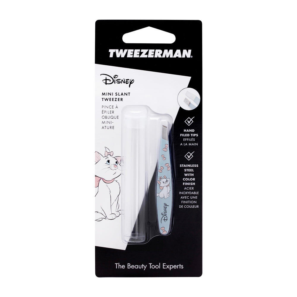 Tweezerman Aristocats mini slant tweezer precision tips for root-level hair removal.