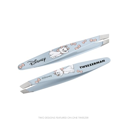 Tweezerman Aristocats mini slant tweezer tip alignment shows even grip on stray hairs.