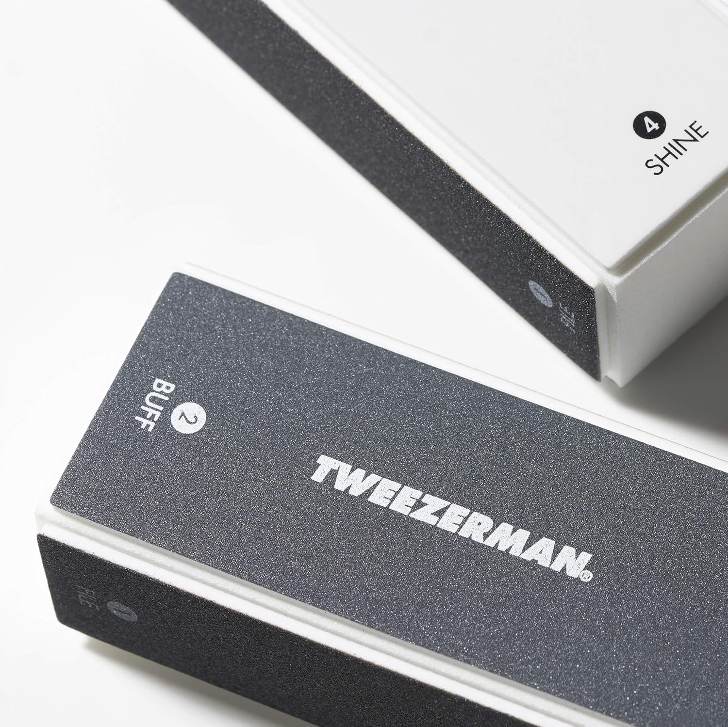 Tweezerman Black Nail Buff 2 Pack side view highlighting compact design.