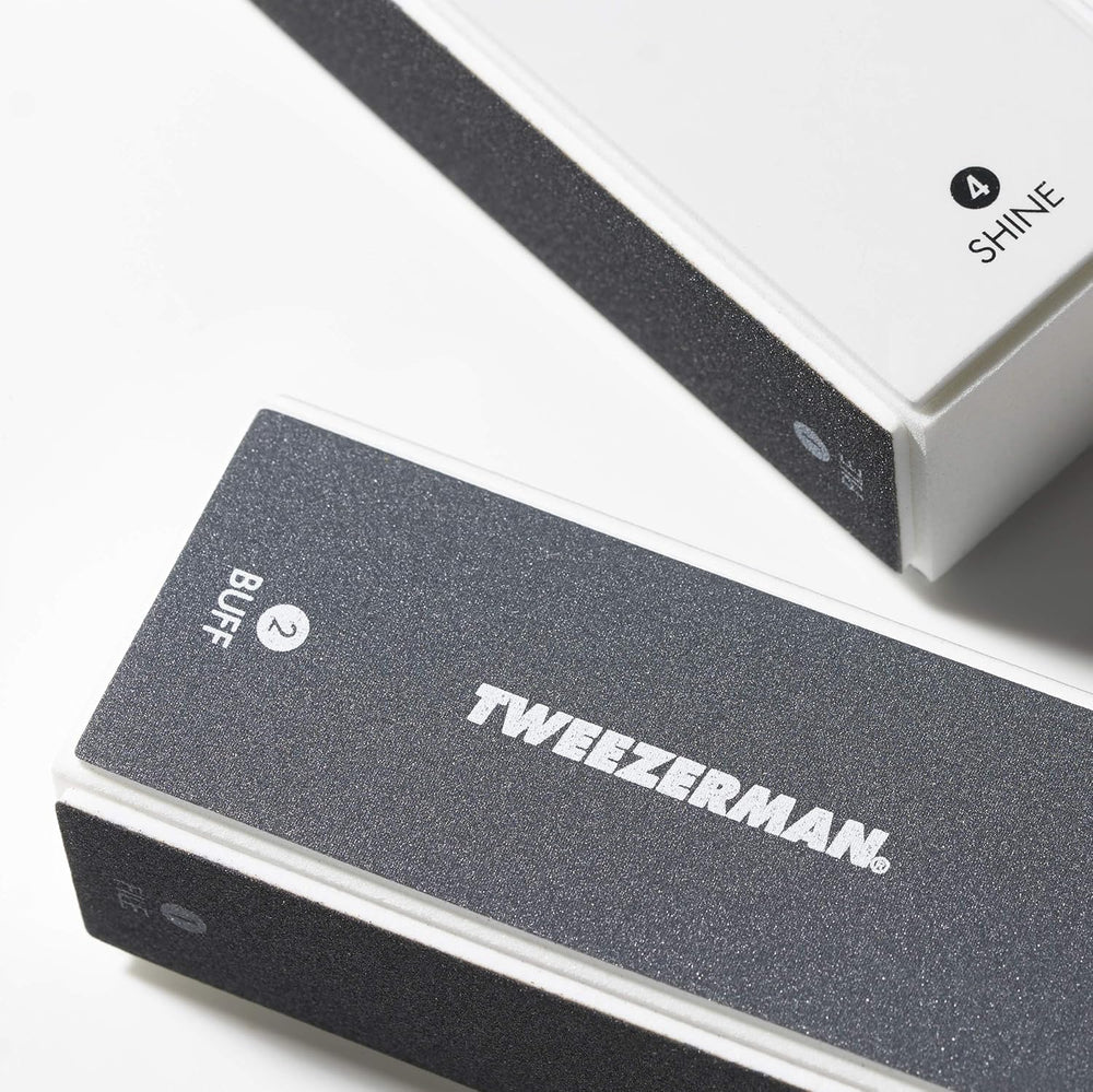 Tweezerman Black Nail Buff 2 Pack side view highlighting compact design.