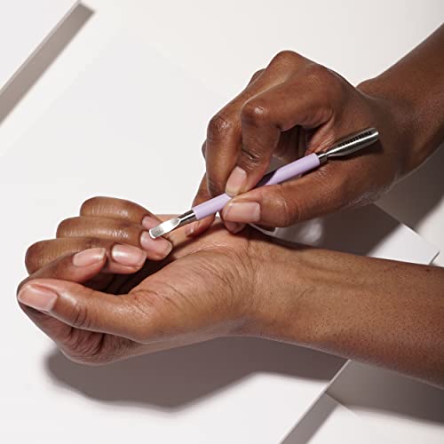 Tweezerman Pushy curved side enables comfortable back-of-cuticle pushing.
