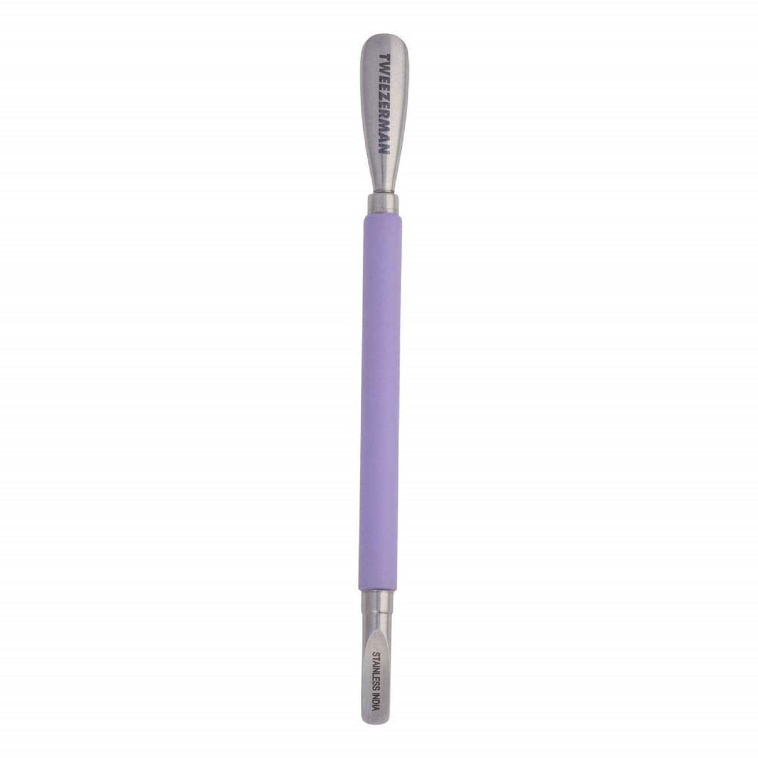 Tweezerman Dual Sided Pushy with purple handle for precise cuticle work.