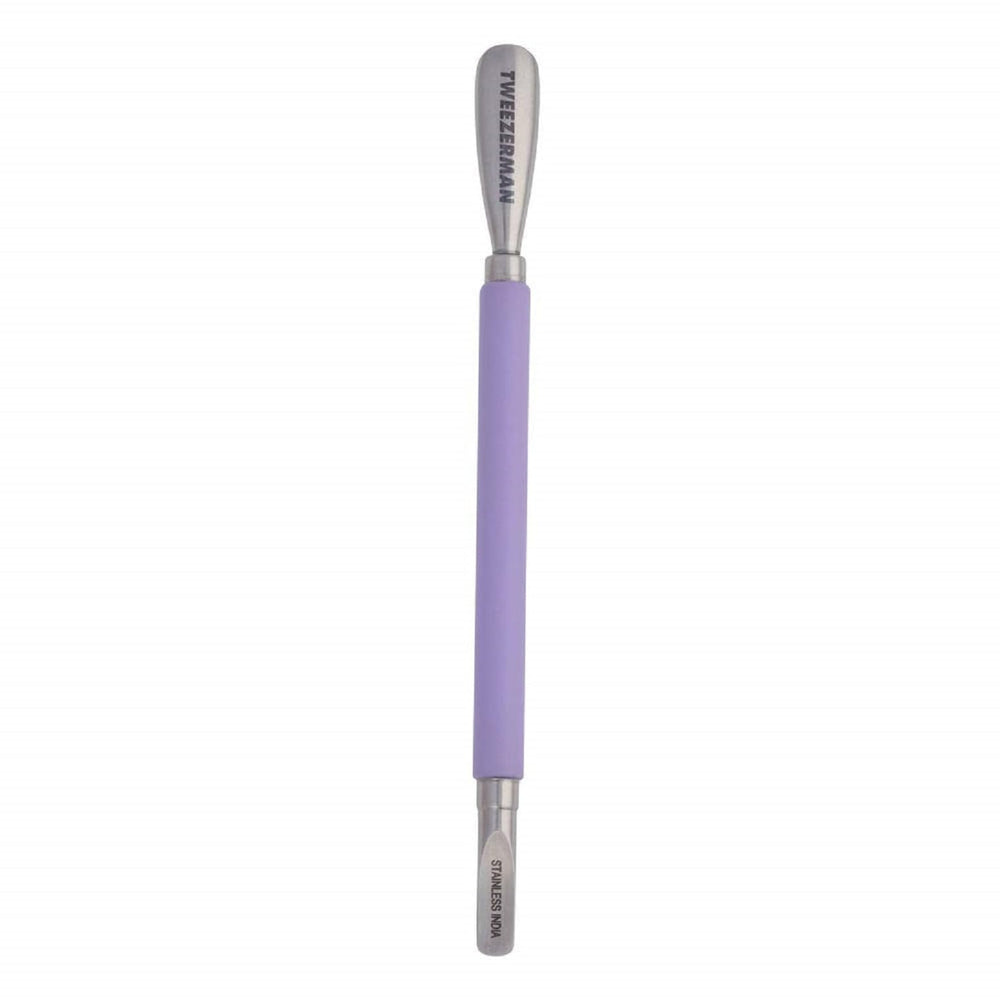 Tweezerman Dual Sided Pushy with purple handle for precise cuticle work.