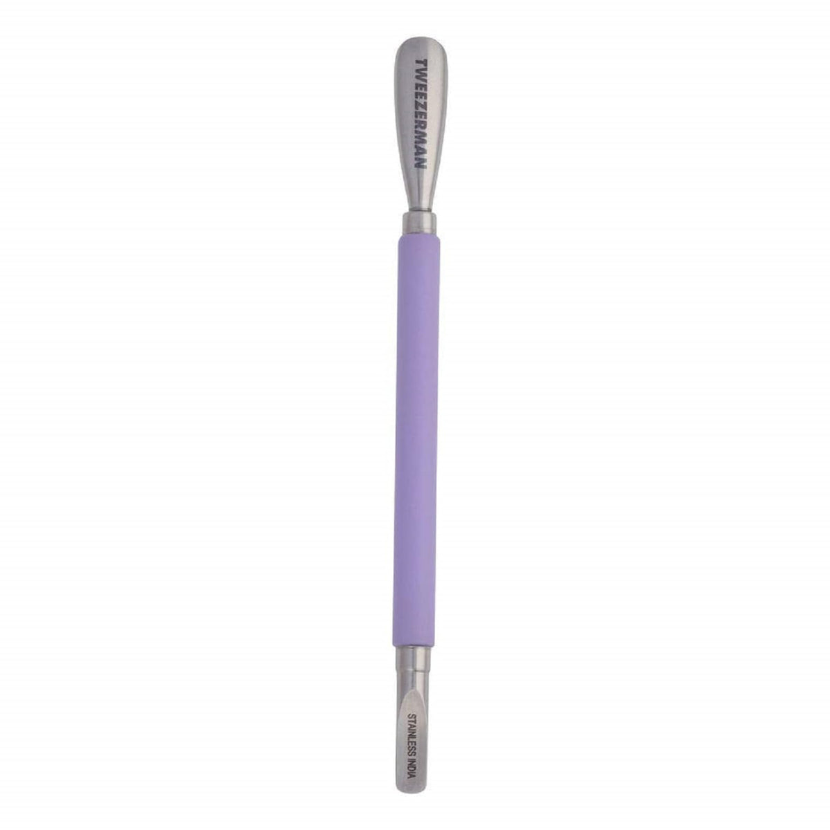 Tweezerman Dual Sided Pushy with purple handle for precise cuticle work.