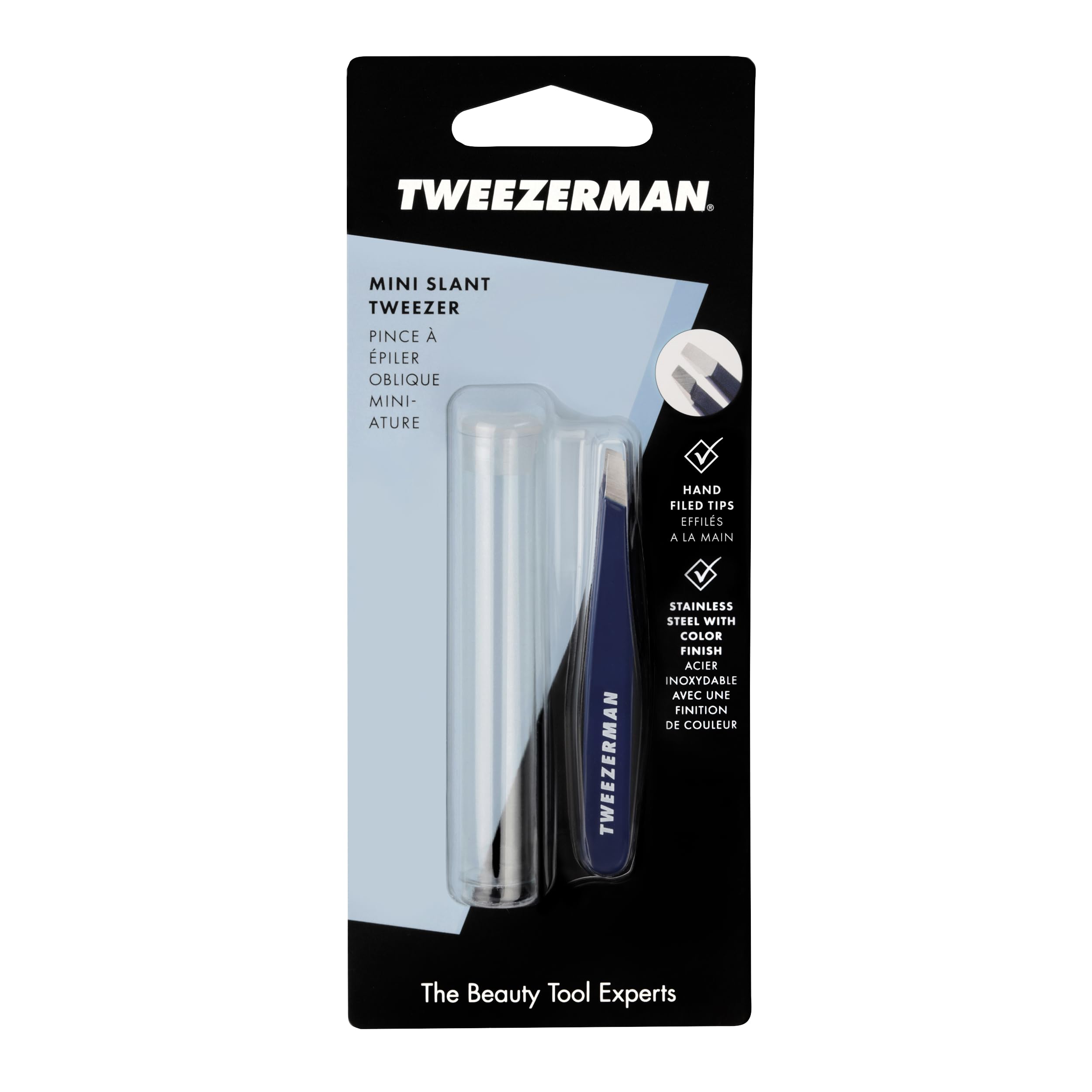 Tweezerman Evening Blue Mini Slant Tweezer ideal for quick on-the-go grooming