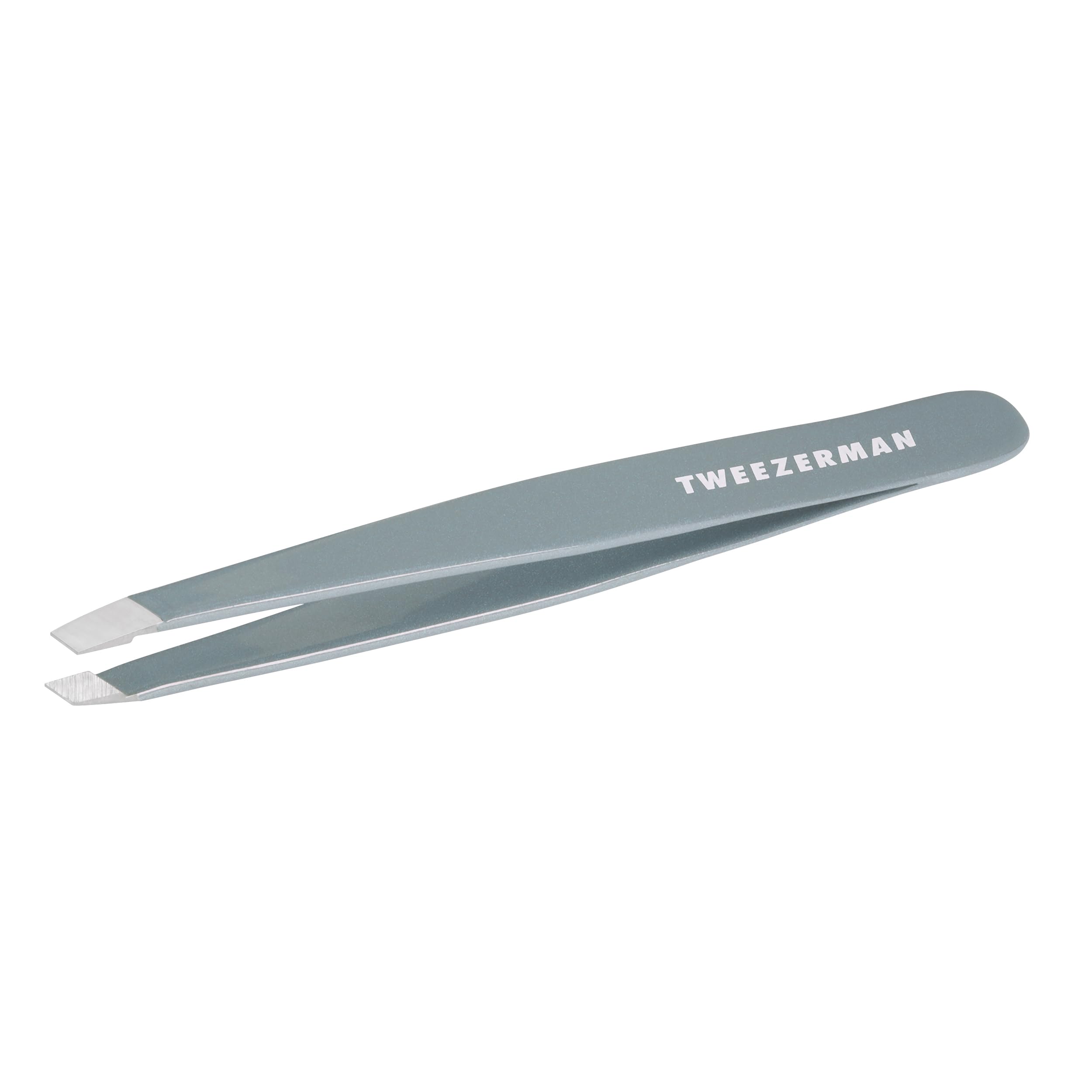Tweezerman Exclusive Mist Blue Slant Tweezer close up showing precise aligned tips for brow shaping