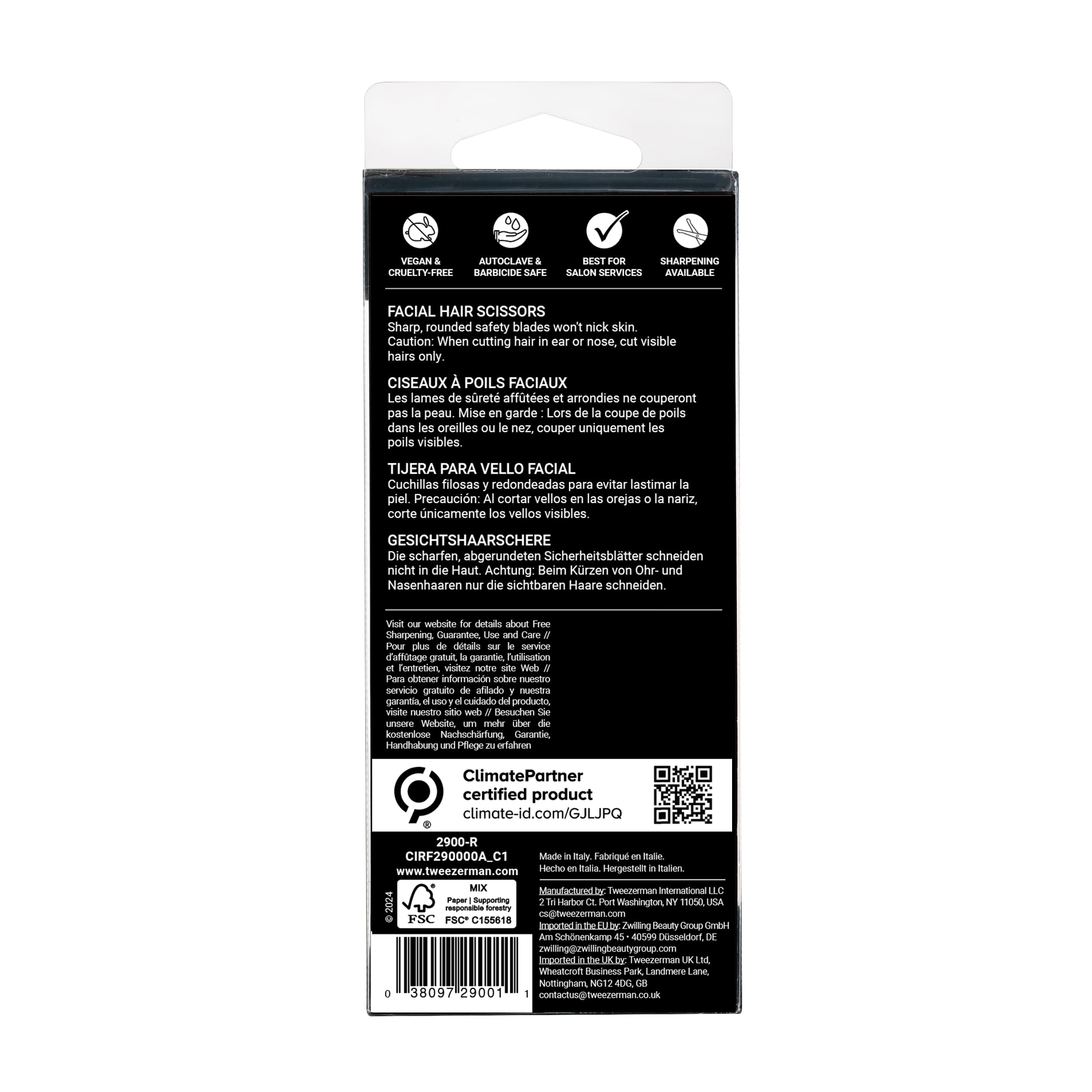 Tweezerman facial hair scissors cleaning instruction shows easy disinfection between uses.