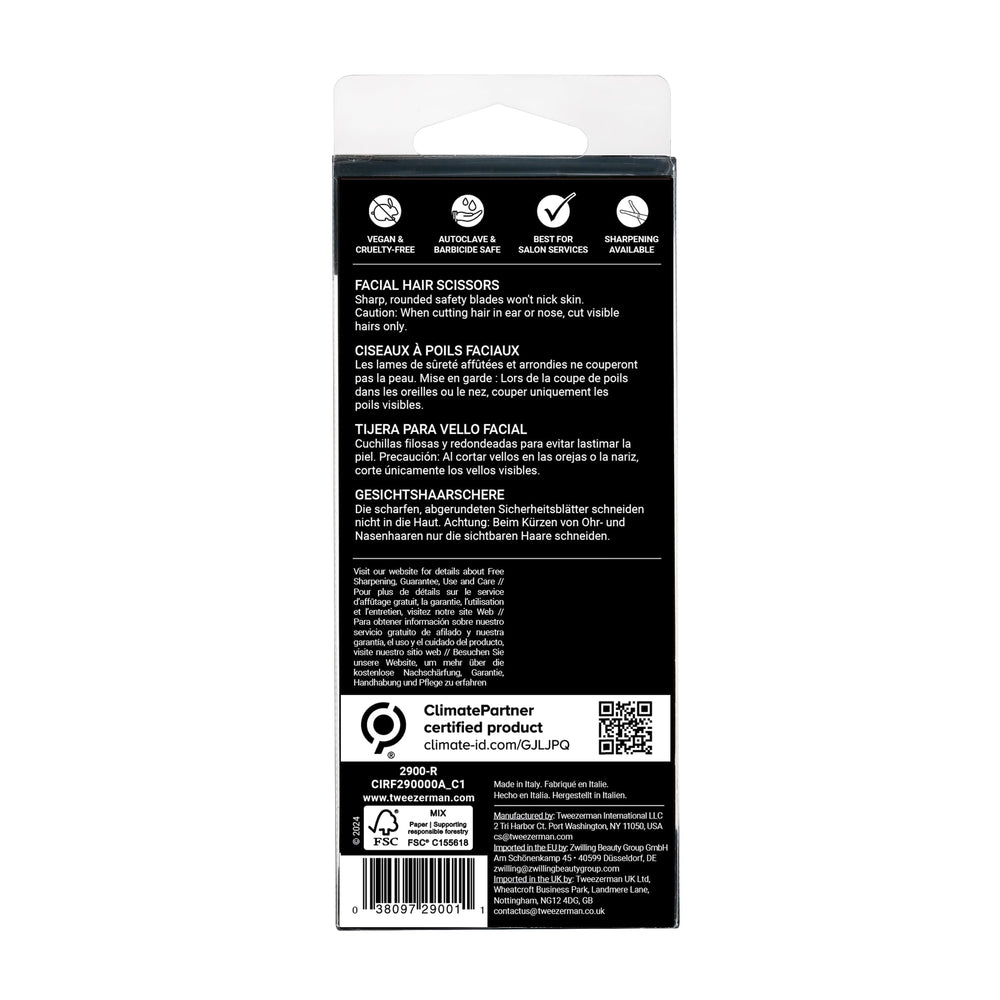 Tweezerman facial hair scissors cleaning instruction shows easy disinfection between uses.