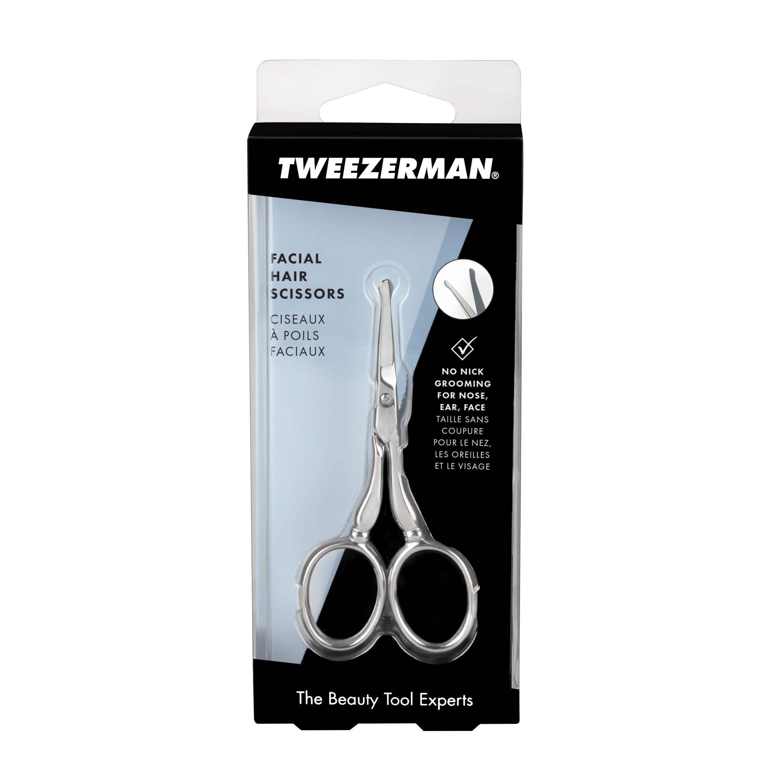 Tweezerman facial hair scissors ergonomic grip promotes steady control during grooming.