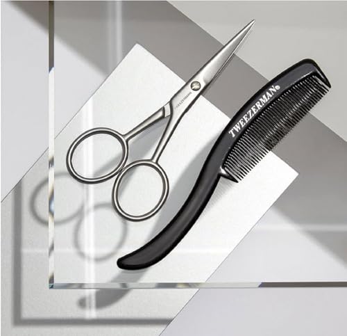 Tweezerman G.E.A.R. moustache scissors and comb set display for grooming kit