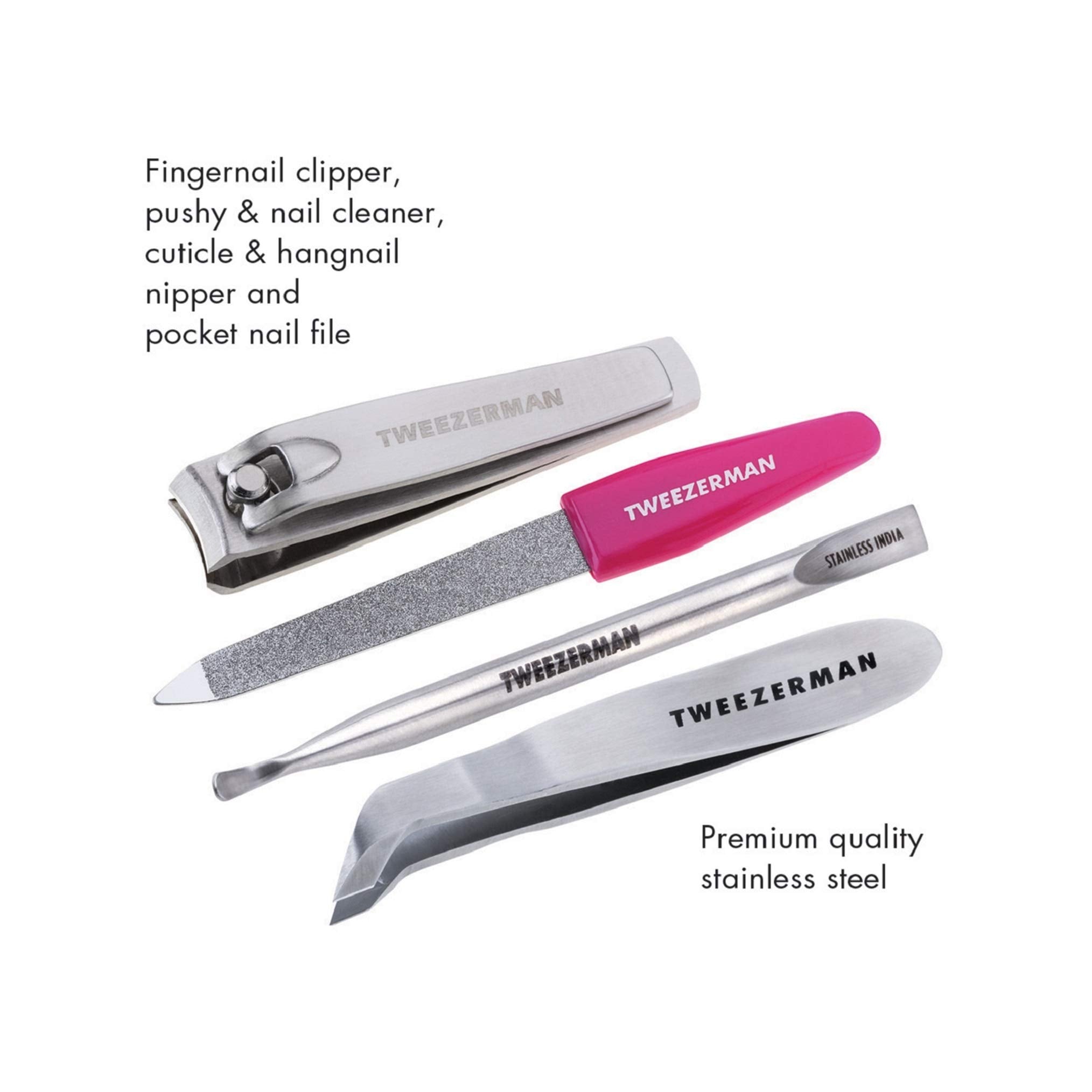 Tweezerman Mini Nail Rescue Kit mini-pushy-cleaner enables quick cleanup.