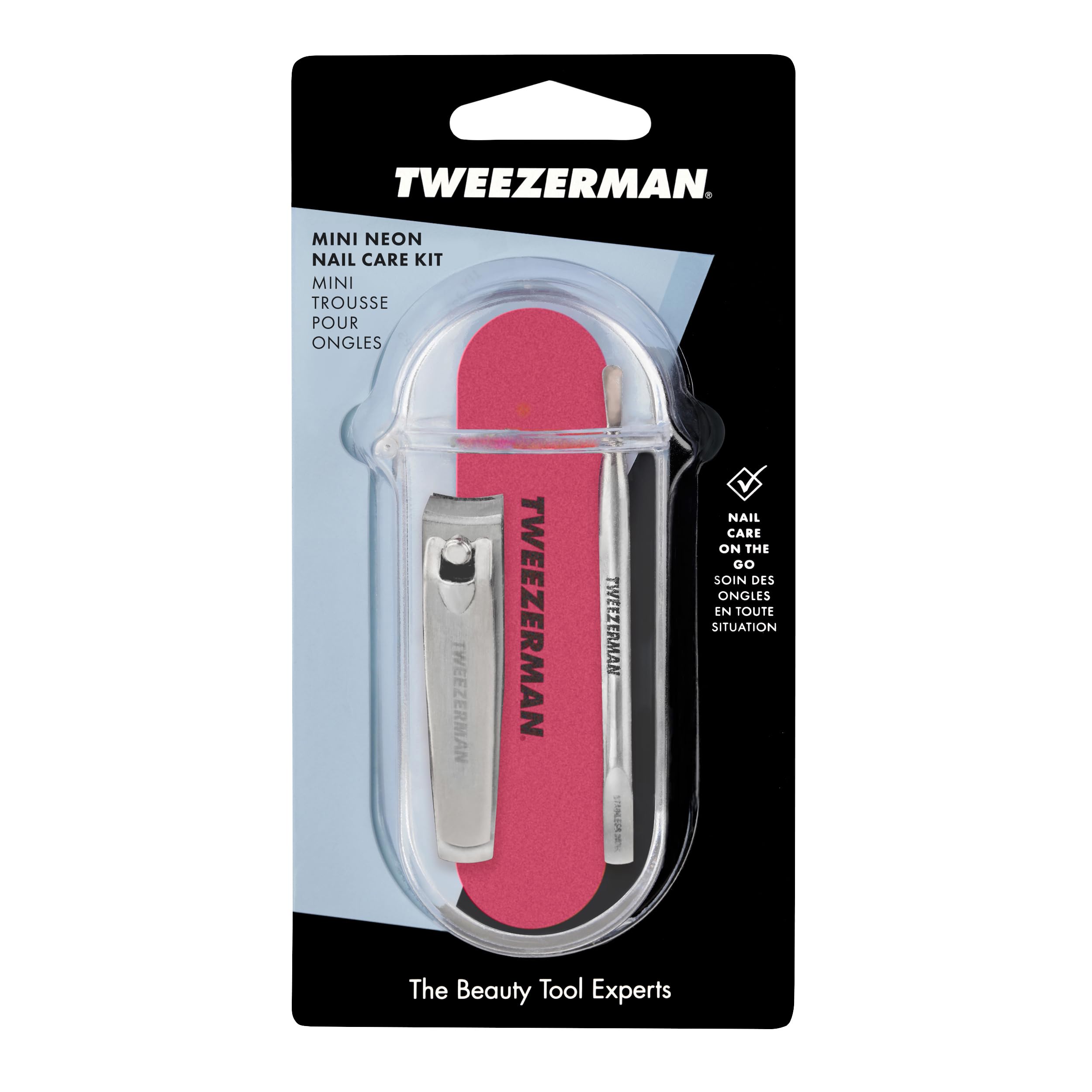 Tweezerman Mini Neon Nail Kit includes sturdy storage for accessories