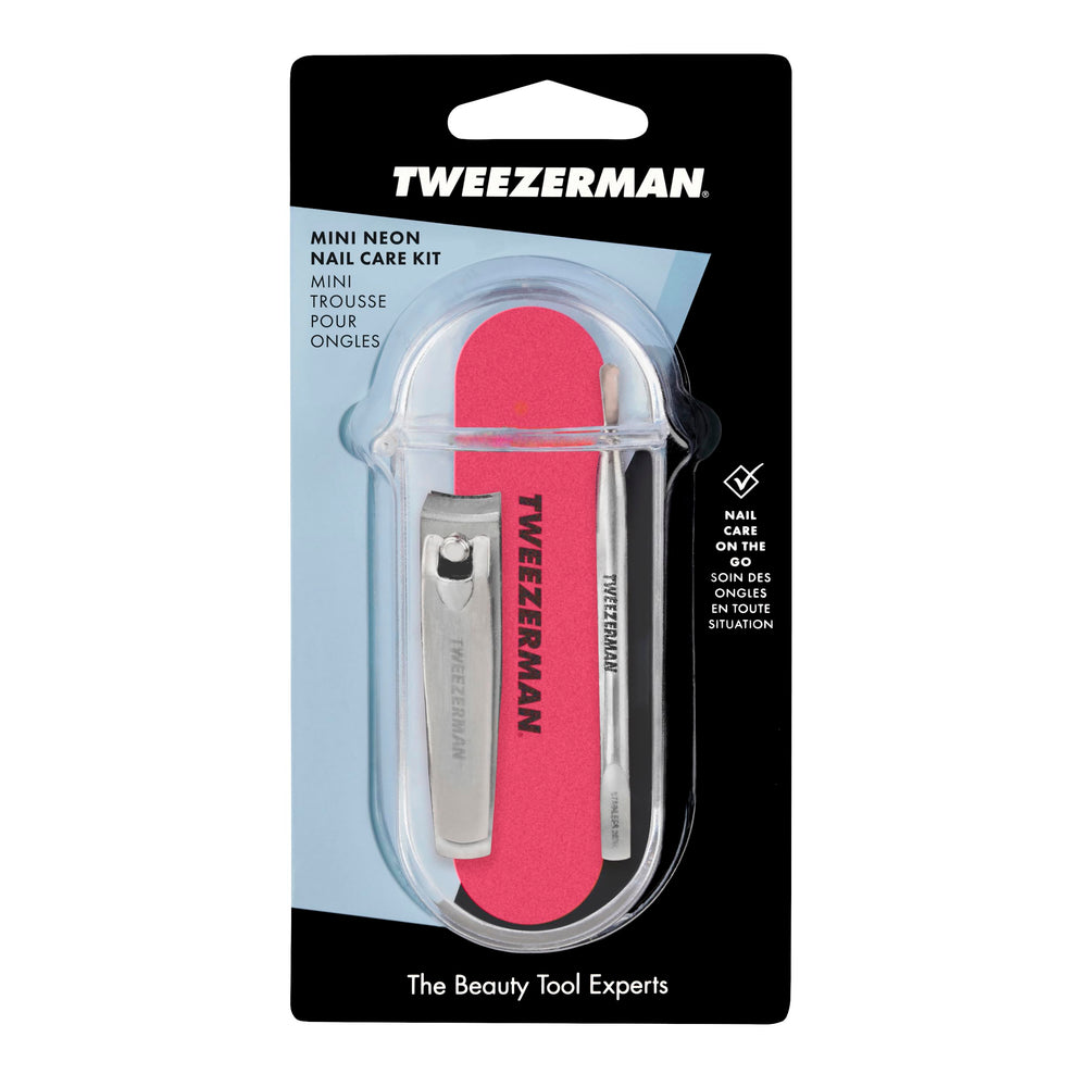 Tweezerman Mini Neon Nail Kit includes sturdy storage for accessories