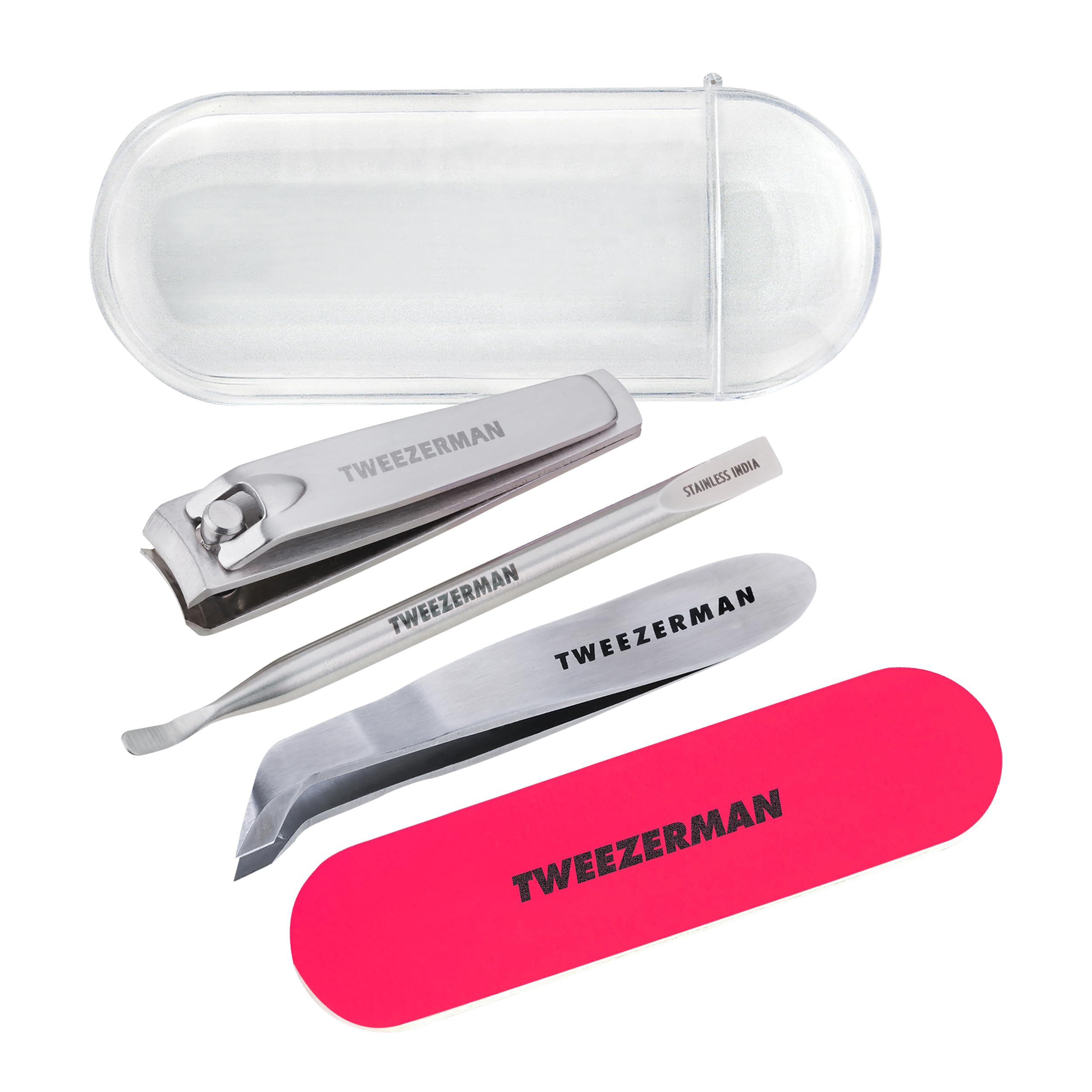 Tweezerman Mini Neon Nail Rescue Kit case opened, organized travel manicure setup.