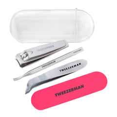 Tweezerman Mini Neon Nail Rescue Kit case opened, organized travel manicure setup.