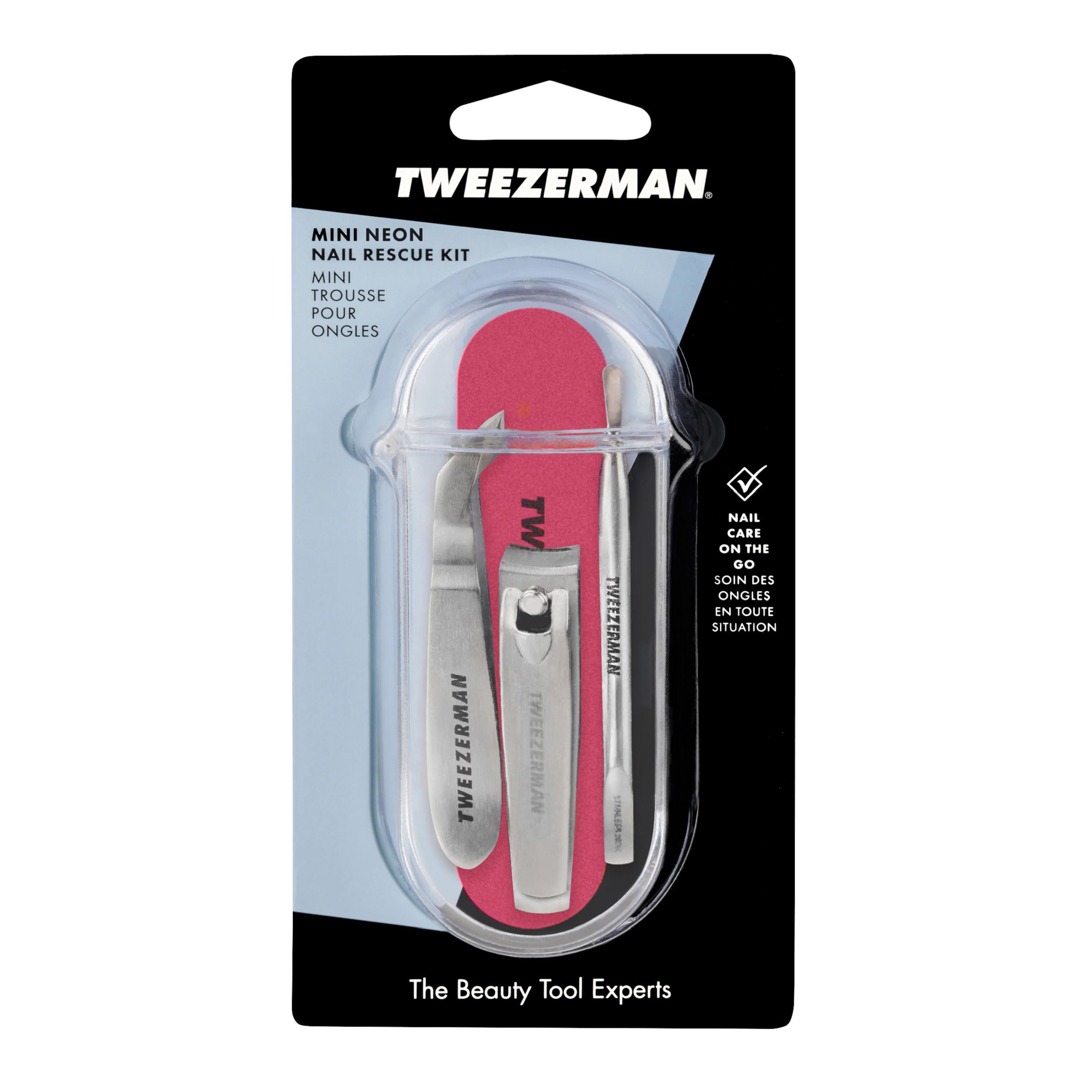 Tweezerman Mini Neon Nail Rescue Kit storage case keeps tools secure during travel.