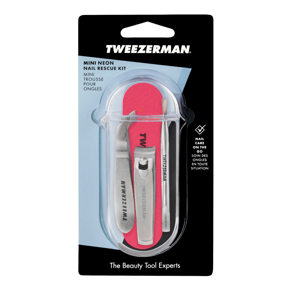 Tweezerman Mini Neon Nail Rescue Kit storage case keeps tools secure during travel.