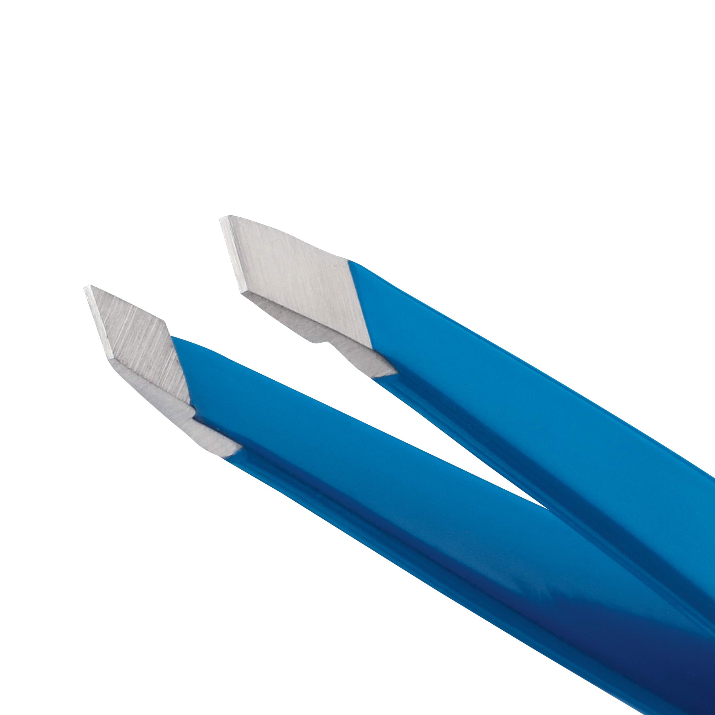 Tweezerman Mini Slant Bahama Blue angled tips targeting fine hairs and ingrown hairs.