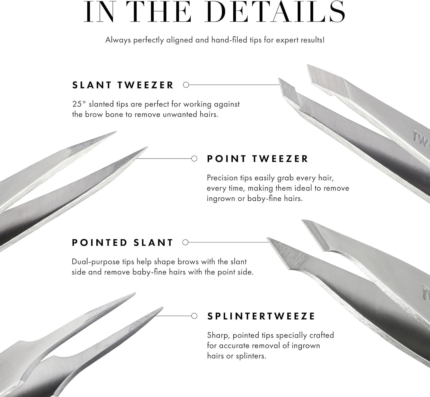 Tweezerman Mini Slant Tweezer classic stainless construction ensures durability.