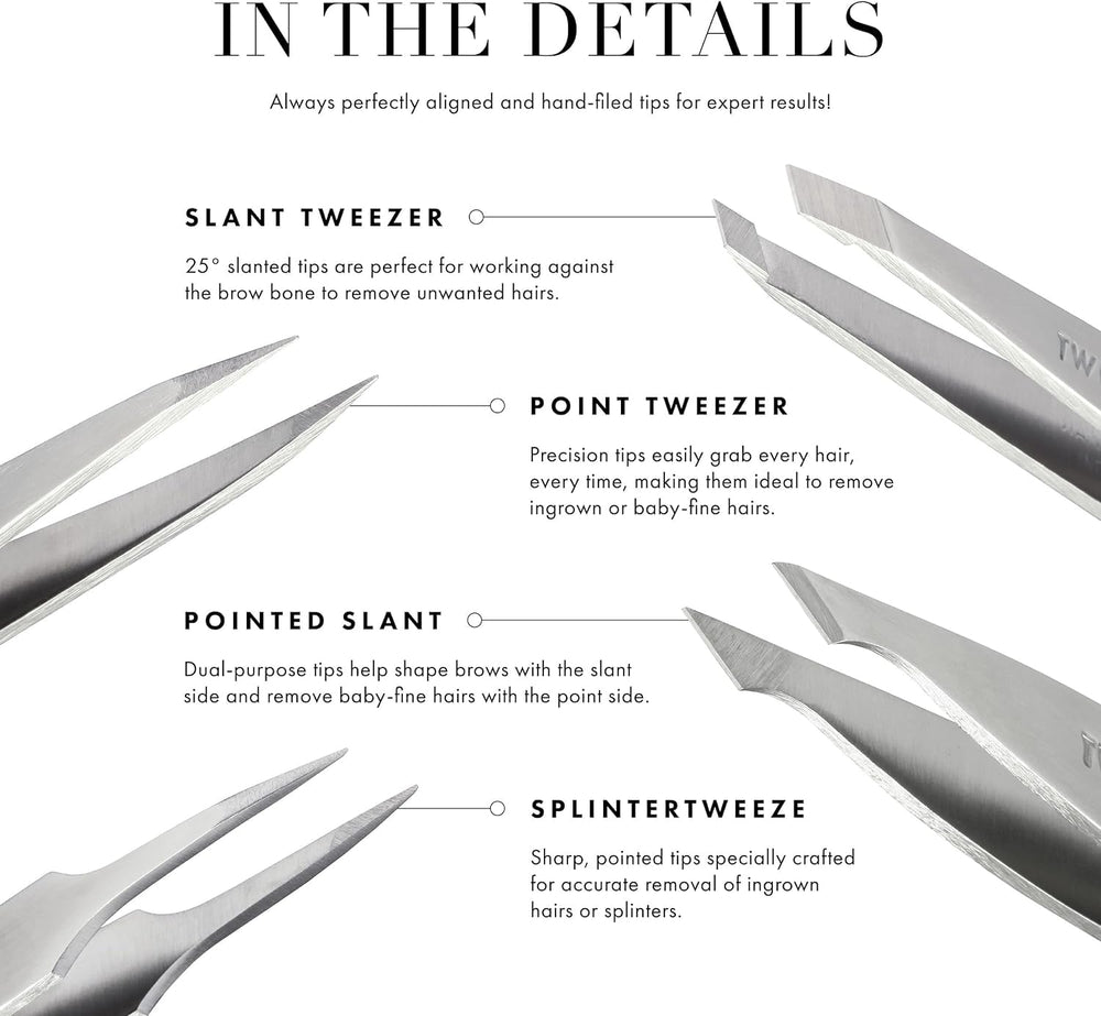 Tweezerman Mini Slant Tweezer classic stainless construction ensures durability.