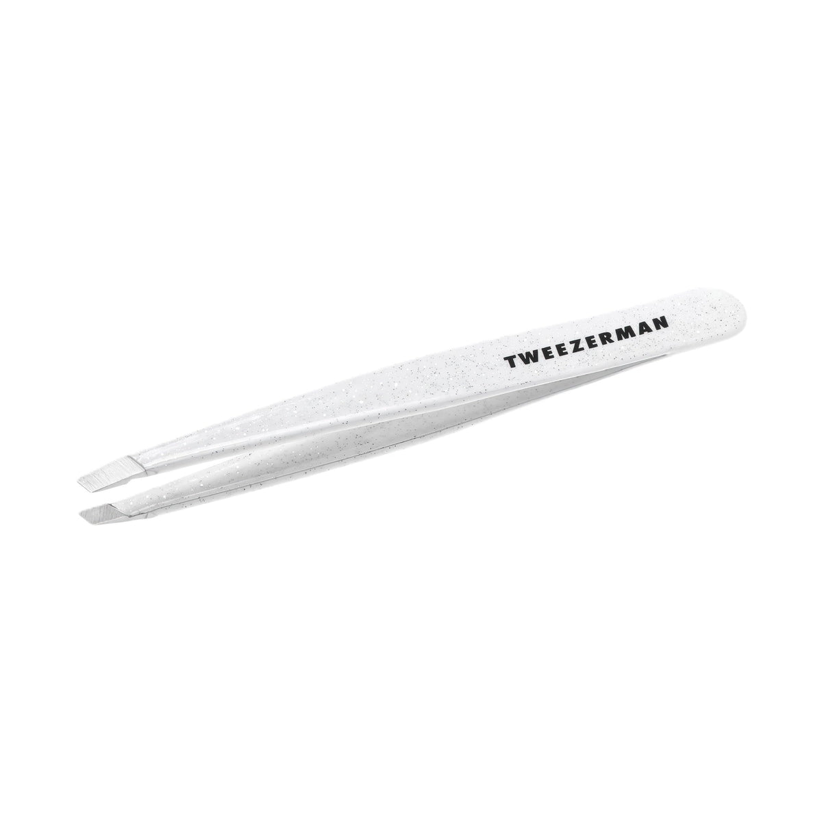Tweezerman Moon Dust Slant Tweezer close-up with aligned tips for precise brow hair removal.
