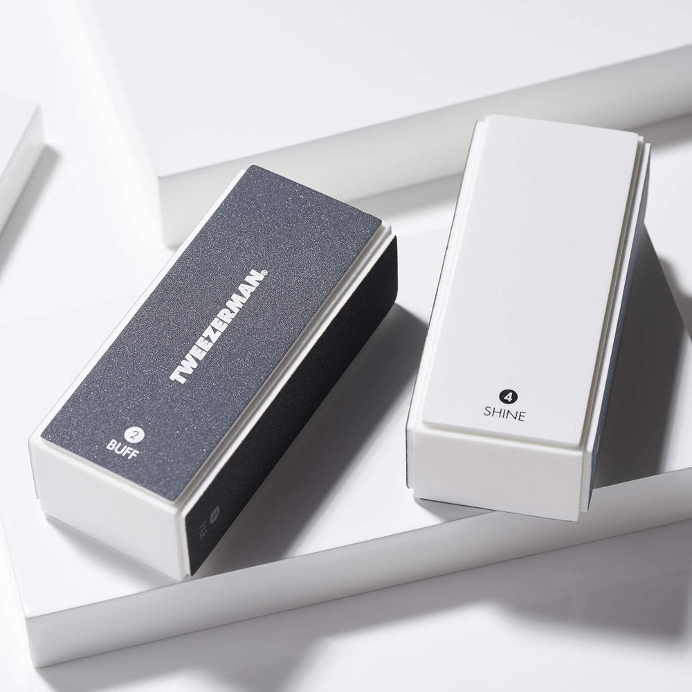 Tweezerman nail buffer showing the final shine with the white pad.