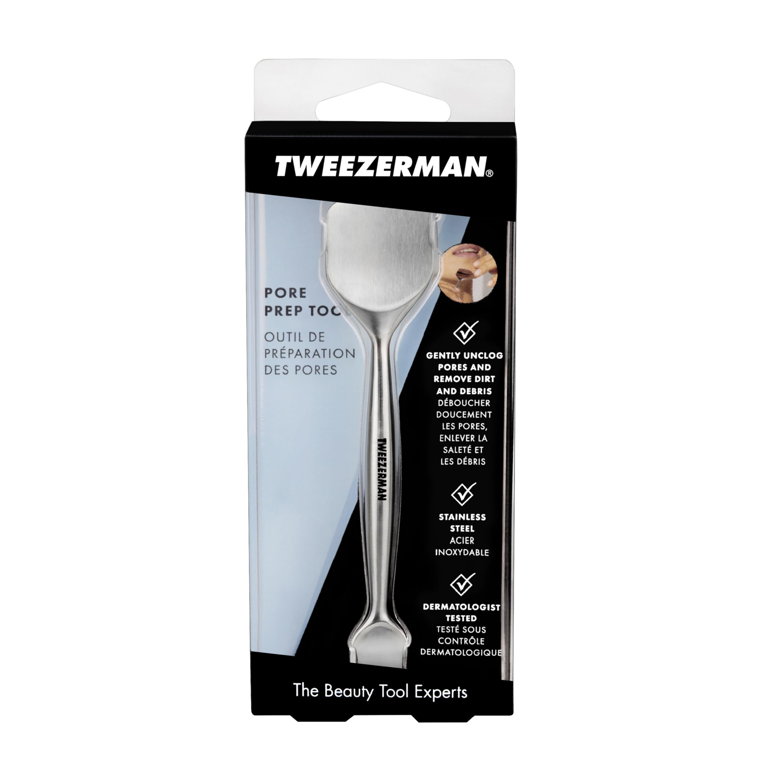 Tweezerman Pore Prep Tool removes dirt and debris for smoother absorption.