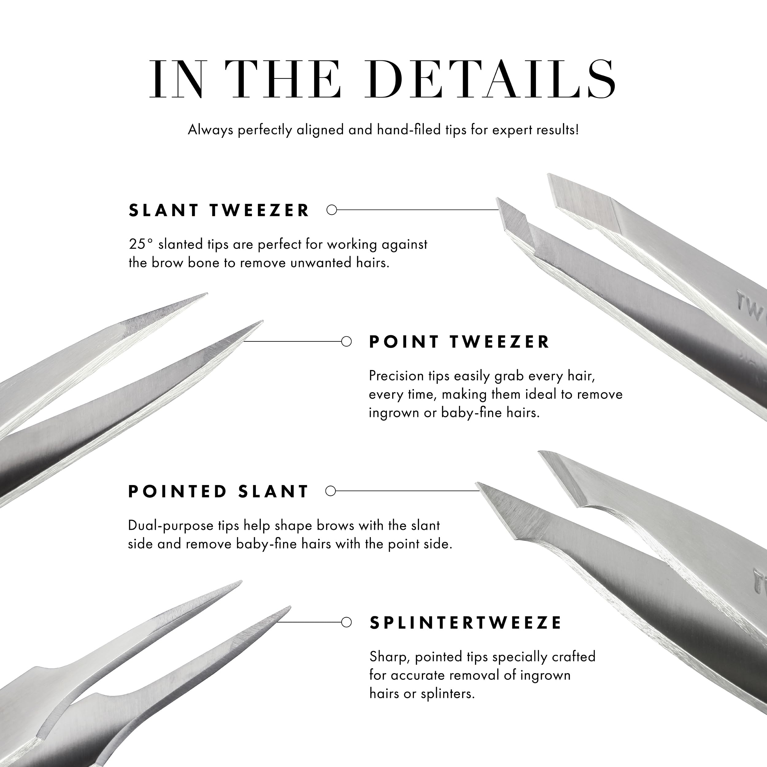 Tweezerman Purple Wisteria Slant Tweezer stainless steel construction resists corrosion.
