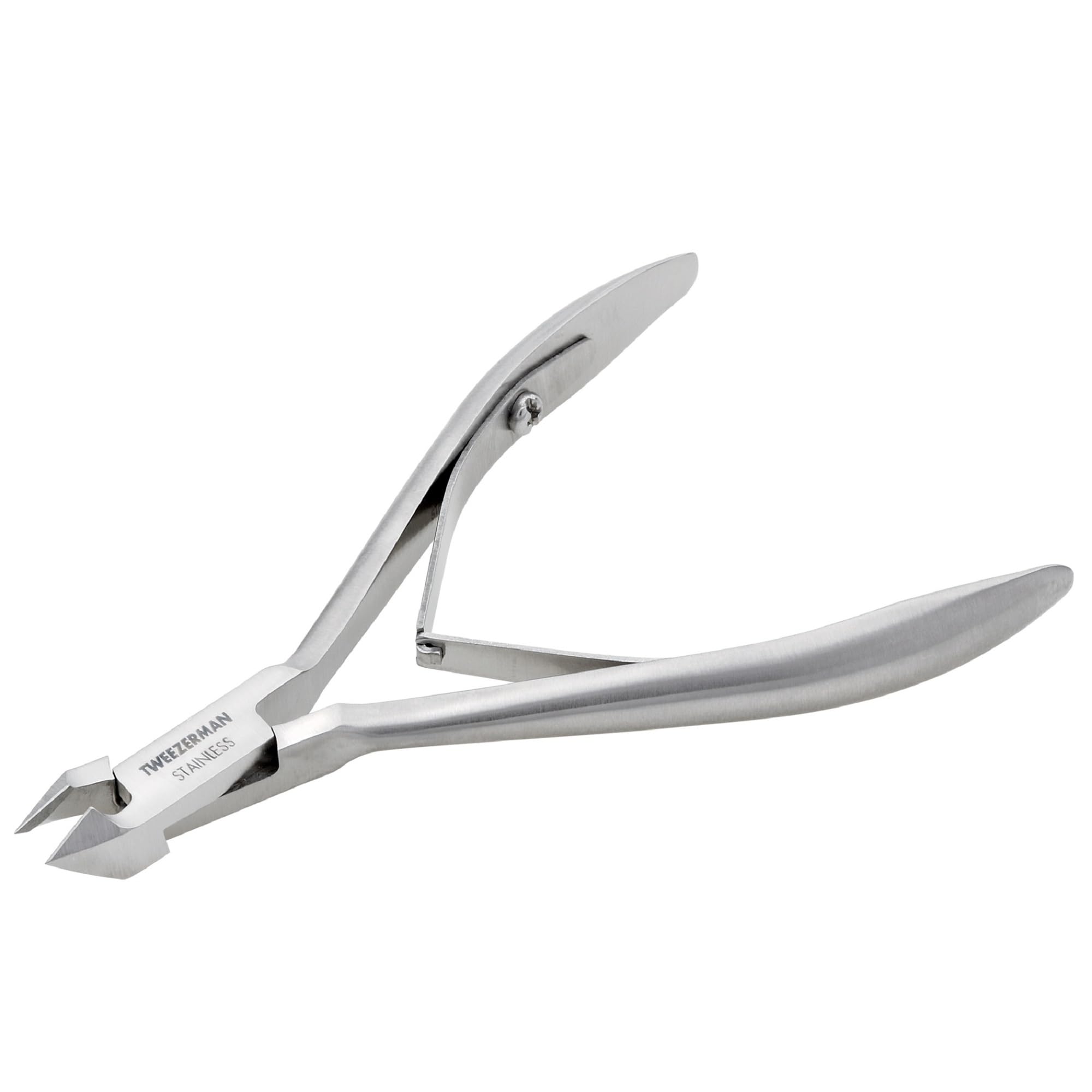 Tweezerman Rockhard cuticle nipper blade close-up shows sharp edges for precise trims.