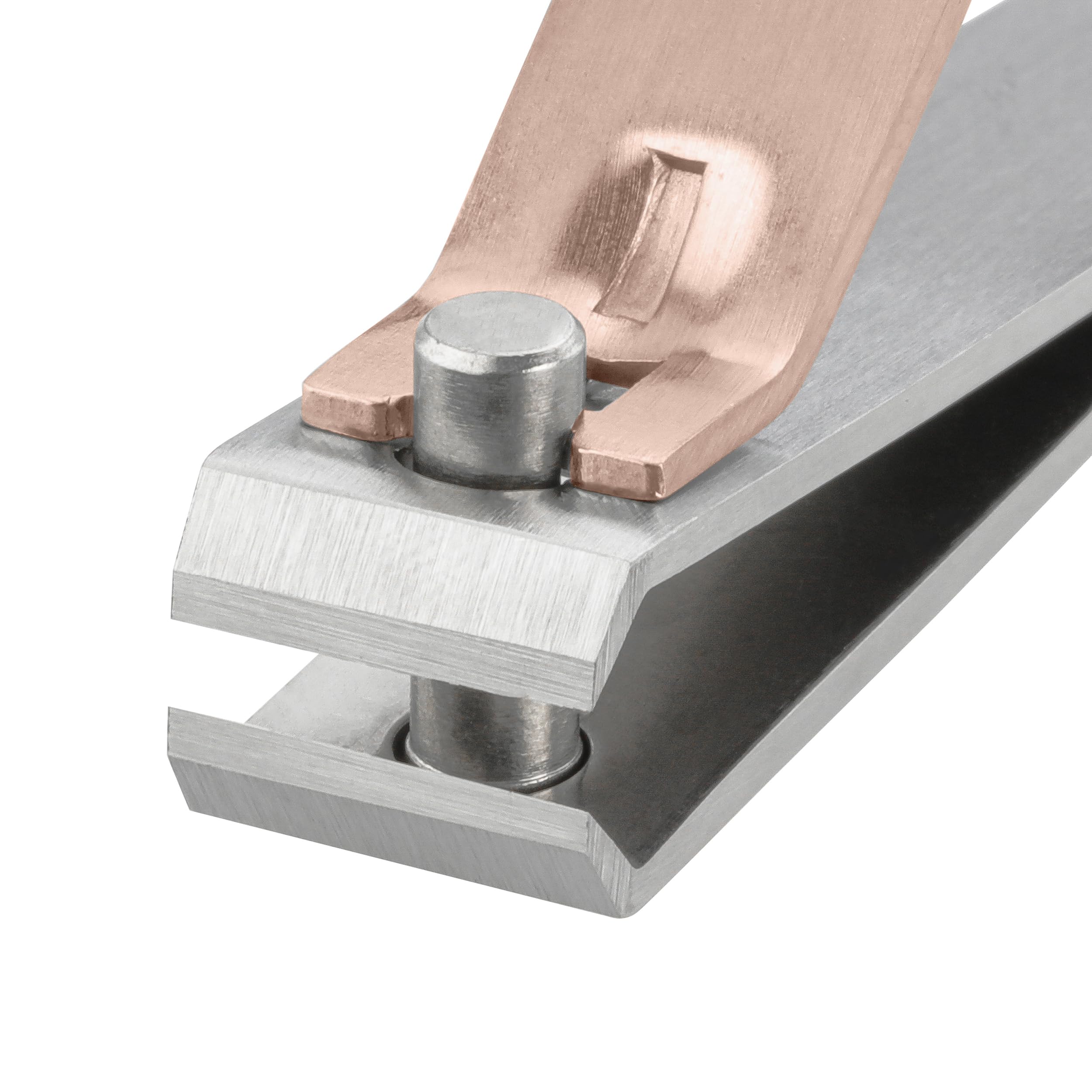 Nail shaping angles demonstrated by Tweezerman Rose Gold combo clipper set.