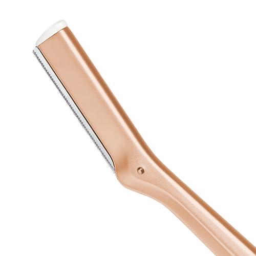 Tweezerman Rose Gold Facial Razor at an angled use demonstrates smooth downward strokes