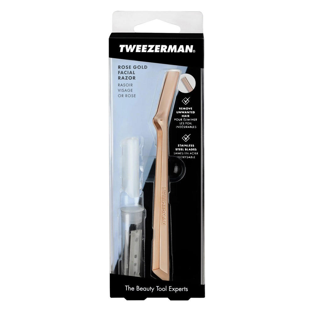 Tweezerman Rose Gold Facial Razor ships with three replacement blades