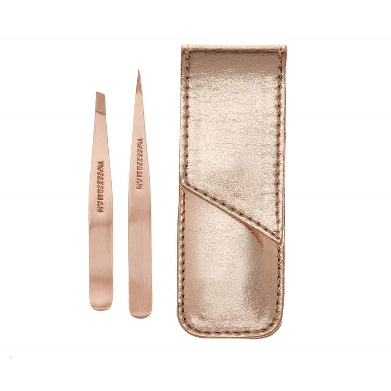 Tweezerman rose gold petite point tweezers with aligned tips for precise removal