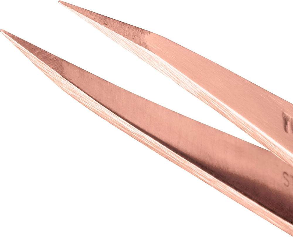 Tweezerman rose gold tweezer showing ergonomic grip for steady brow shaping