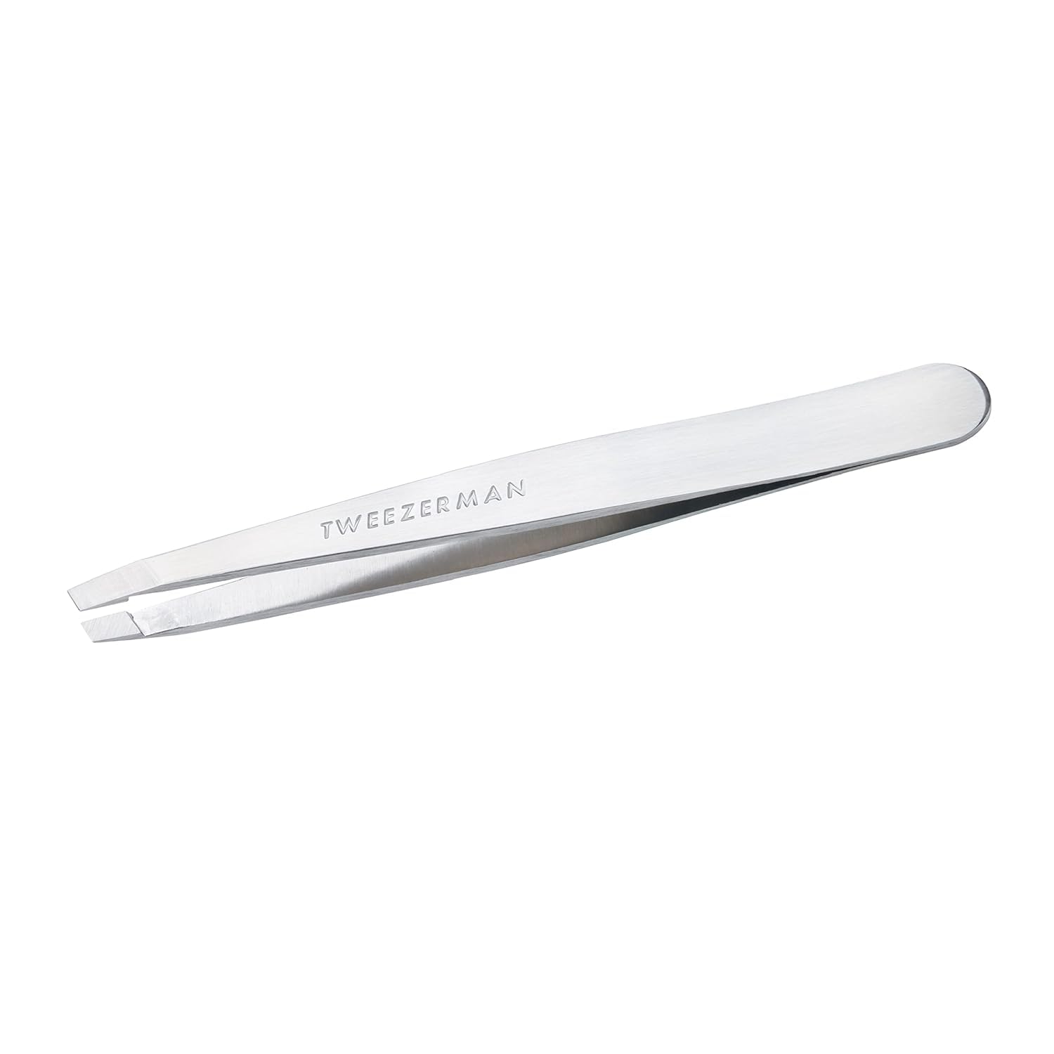 Tweezerman stainless steel slant tweezer close-up with precision tips for hair removal