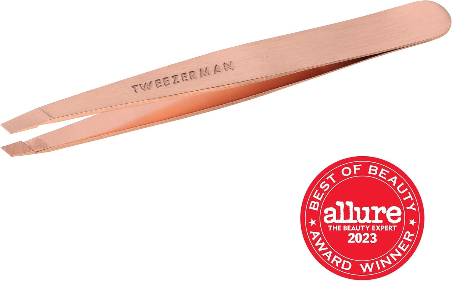 Tweezerman rose gold slant tweezer used on brows for quick shaping