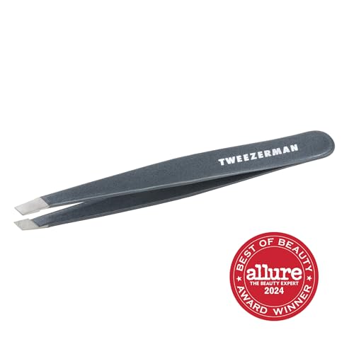 Tweezerman stainless steel tweezer at 25-degree angle for controlled plucking.