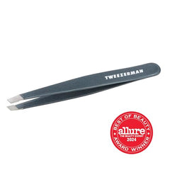 Tweezerman stainless steel tweezer at 25-degree angle for controlled plucking.