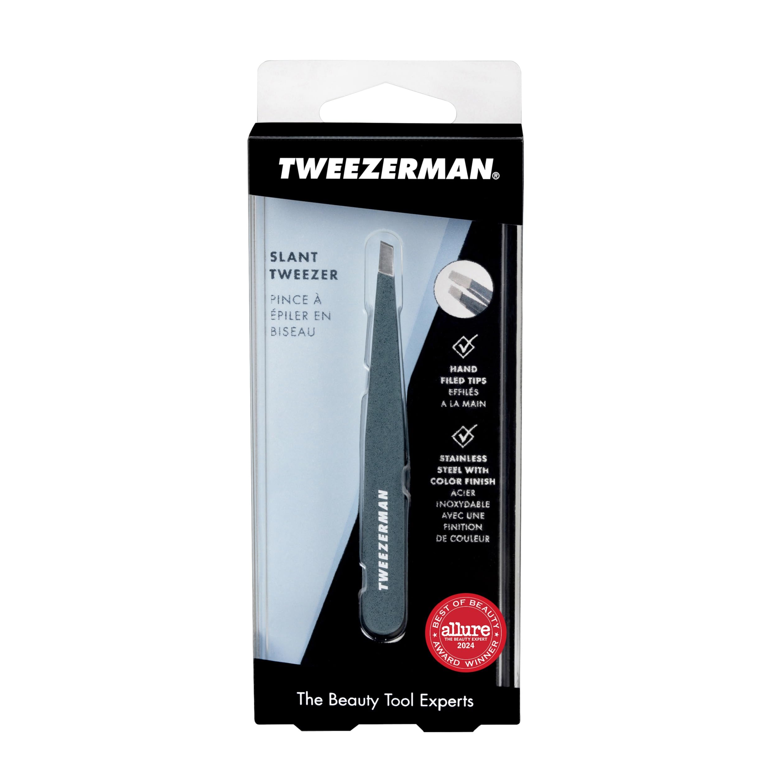 Stainless steel Tweezerman tweezer emphasizes performance and reliability.