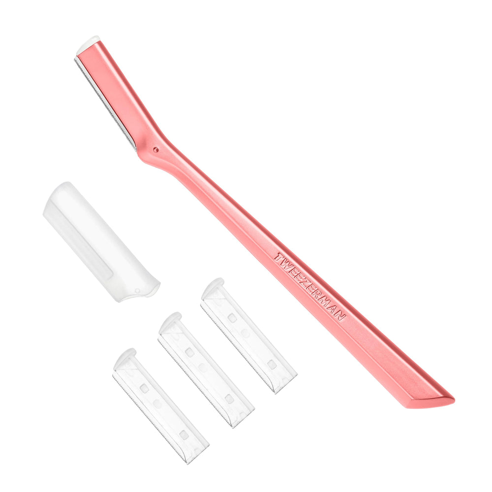 Tweezerman Tea Rose Facial Razor for gentle peach fuzz removal and light exfoliation.