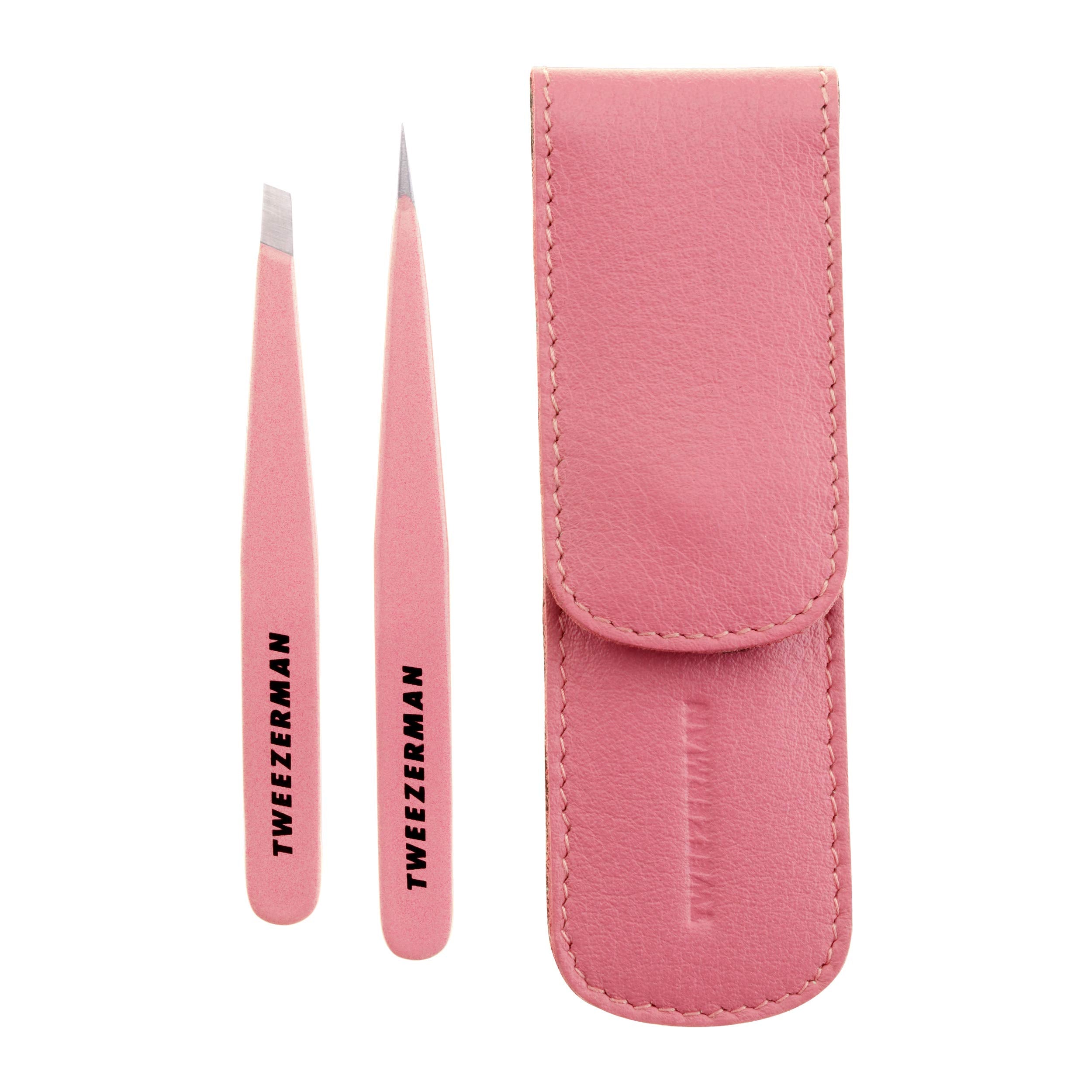 Tweezerman Tea Rose Petite Tweezer closeup shows precisely aligned tips for brow shaping.