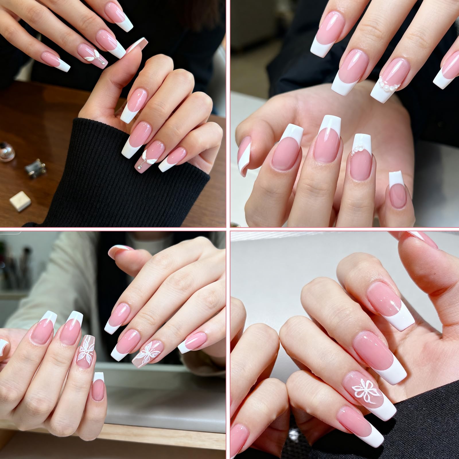 Uñas Tweruna Francesa Blanca mediana, detalle de punta para precisión.