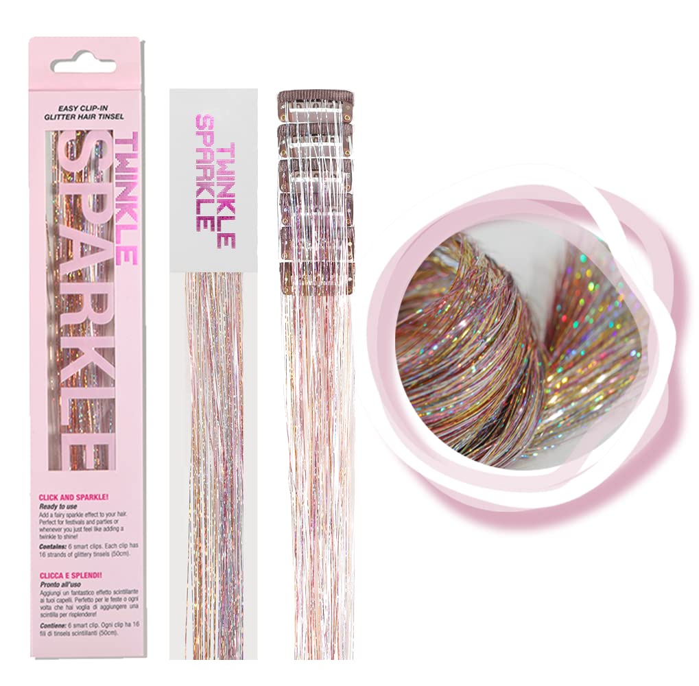 TWINKLE SPARKLE rose gold tinsel clip for instant glam and party-ready hair.