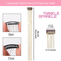 TWINKLE SPARKLE rose quartz tinsel clip blends softly with light hair.