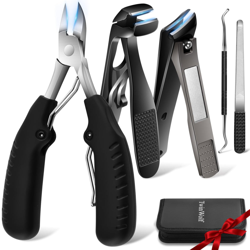 TwinWolf heavy-duty toenail clippers with wide jaw for thick nails and easy trimming.