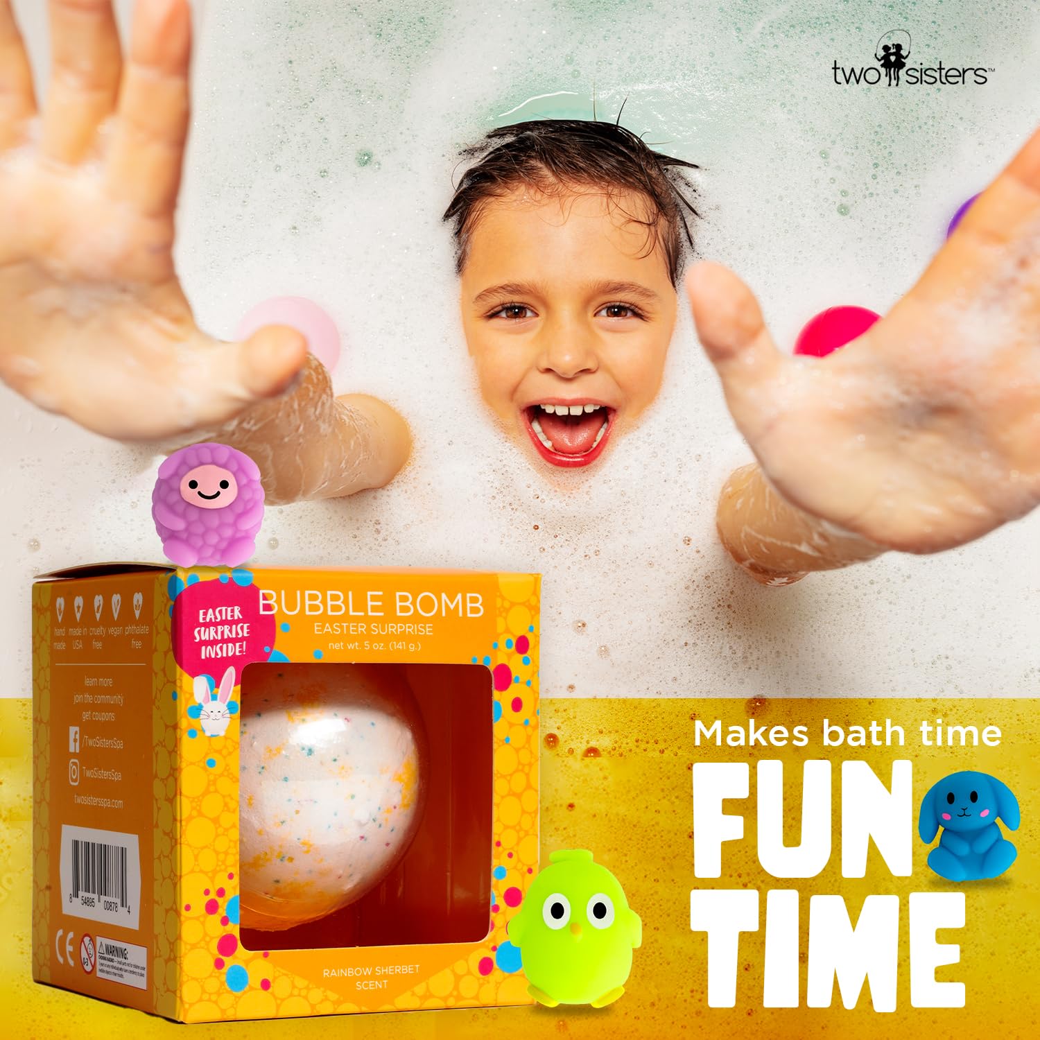 Two Sisters bath bomb showing vibrant colors for a colorful bath.